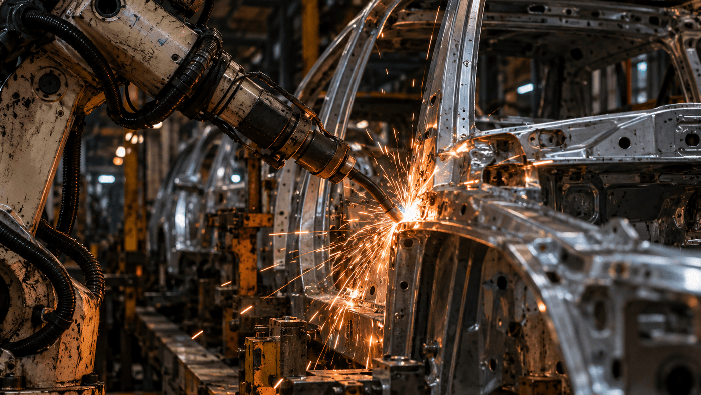 A welding robot sends sparks across an unpainted car body frame on a factory assembly line