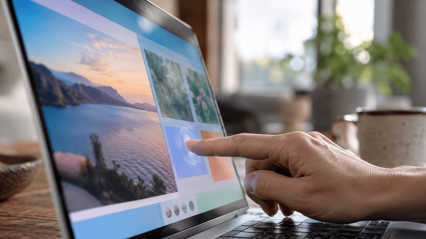 A fingertip tapping the lit screen of a thin silver laptop showing photo windows, on a wooden desk