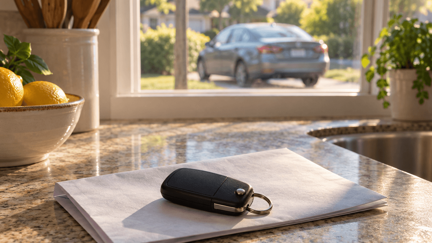 A car key fob resting on a folded blank letter on a sunlit kitchen counter, with a family sedan parked in the driveway outside the window
