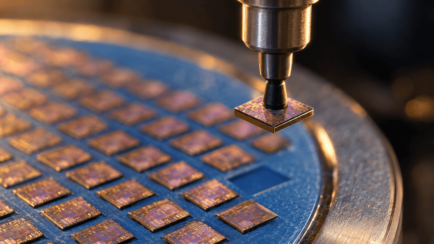 A vacuum pick-up tool lifting a single silicon chip off blue adhesive tape in a chip factory, rows of identical chips blurred behind