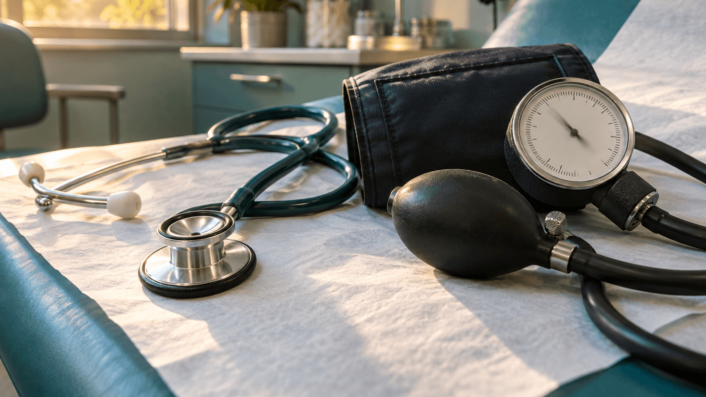 Stethoscope and blood pressure cuff with its gauge on a paper covered exam table in a sunlit doctor’s office