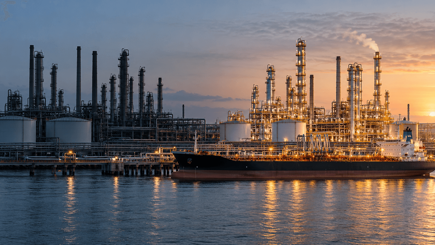A large oil refinery on a ship channel at dawn, its left half dark and idle and its right half lit and running, a tanker moored at the dock