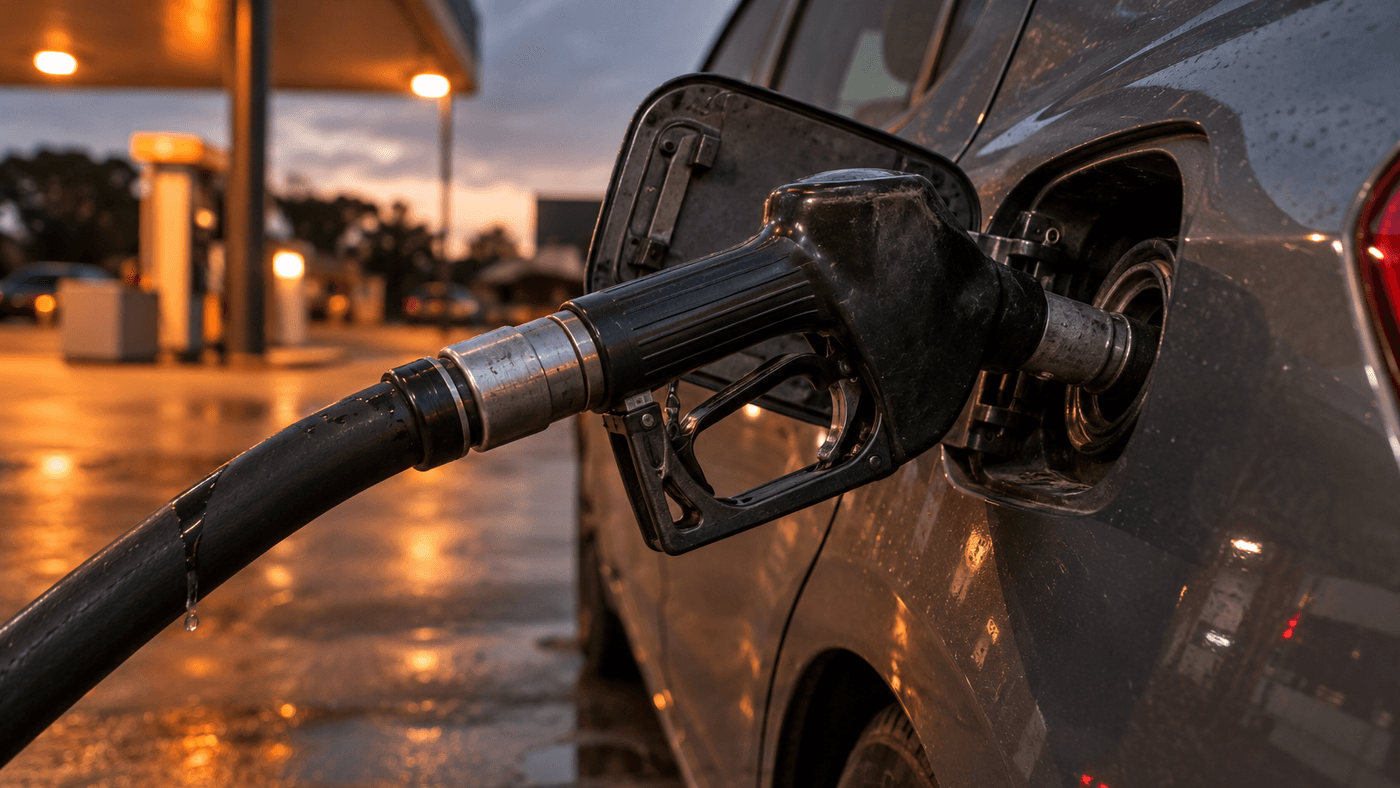 A fuel pump nozzle in a car’s open fuel filler at dusk with fuel flowing, warm forecourt light blurred behind
