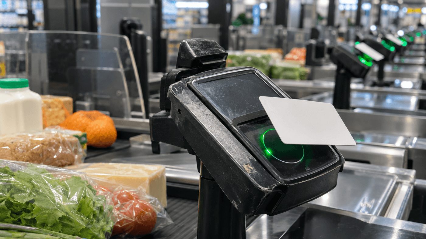 A blank card held to a supermarket card reader lit with a green ring, groceries on the belt and a row of checkout lanes behind
