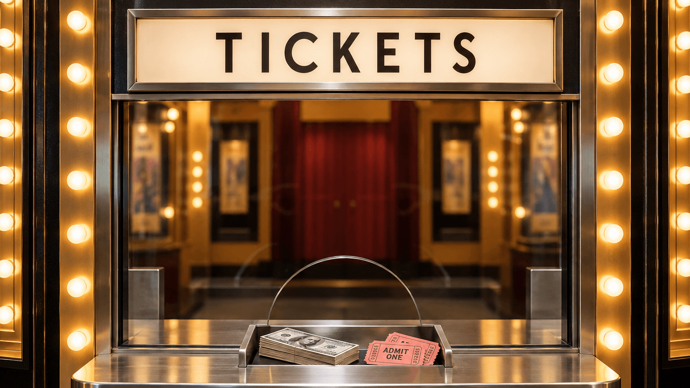 Cinema box office window with a stack of banknotes and paper tickets in the cash tray under marquee lights