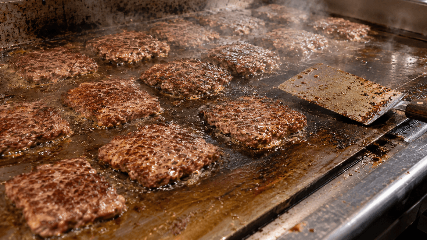Square beef patties searing on a fast-food flat-top grill, for a story on Nelson Peltz’s $7.35 offer for Wendy’s