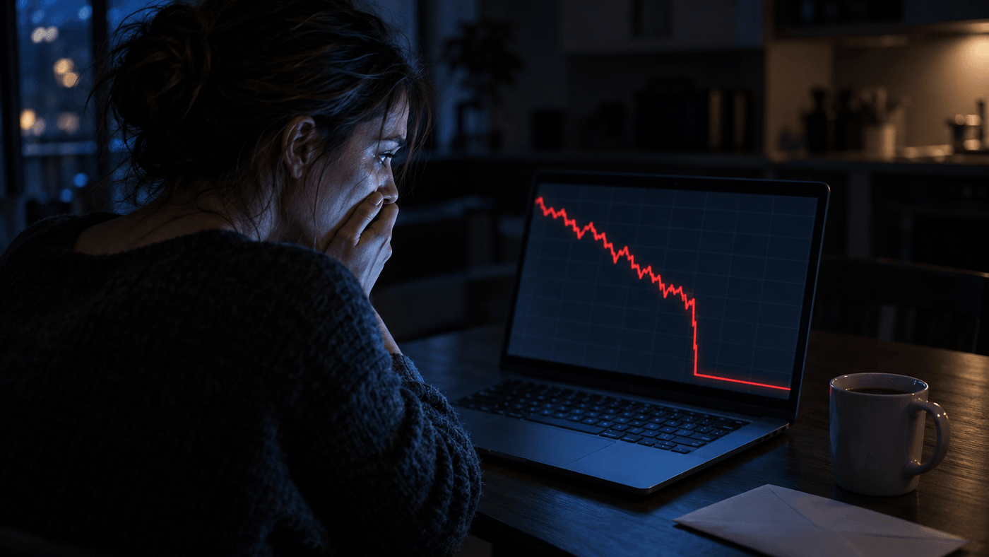 A woman alone at a kitchen table at night, her hand over her mouth, watching a red line on a laptop screen fall to the bottom