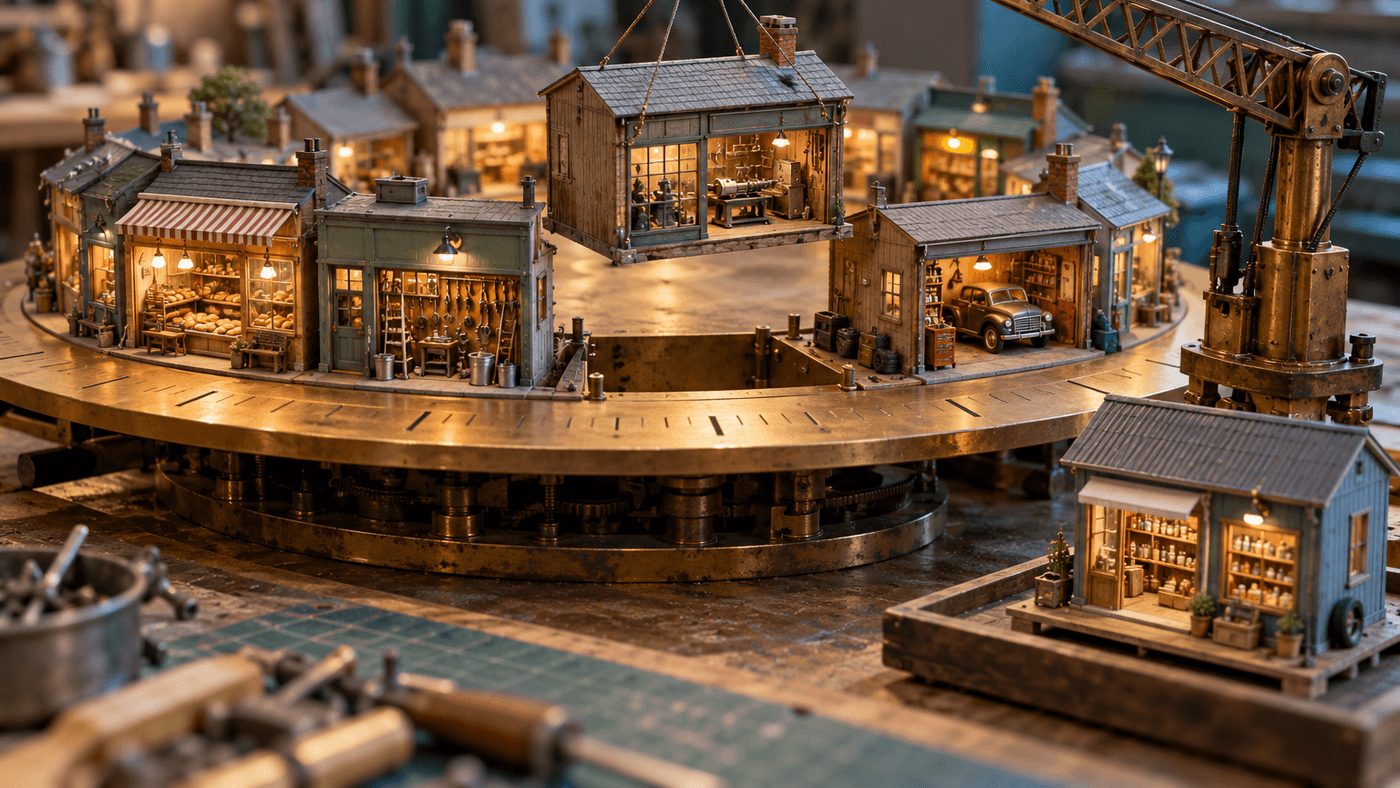 A brass turntable carrying a ring of miniature shops, with a small crane lifting one shop out while a new one waits on a tray beside the gap