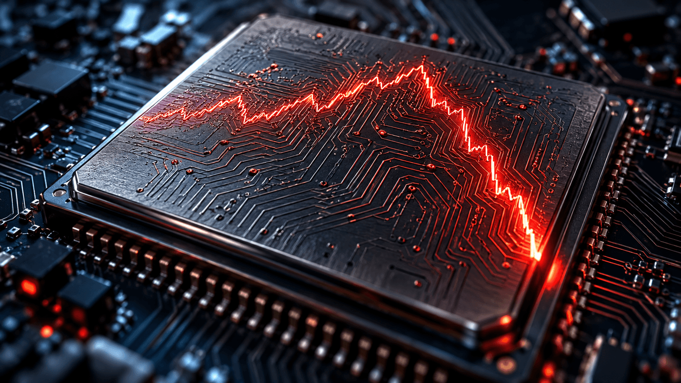 Digital rendering of a computer chip on a circuit board, a glowing red market line across it rising and then plunging